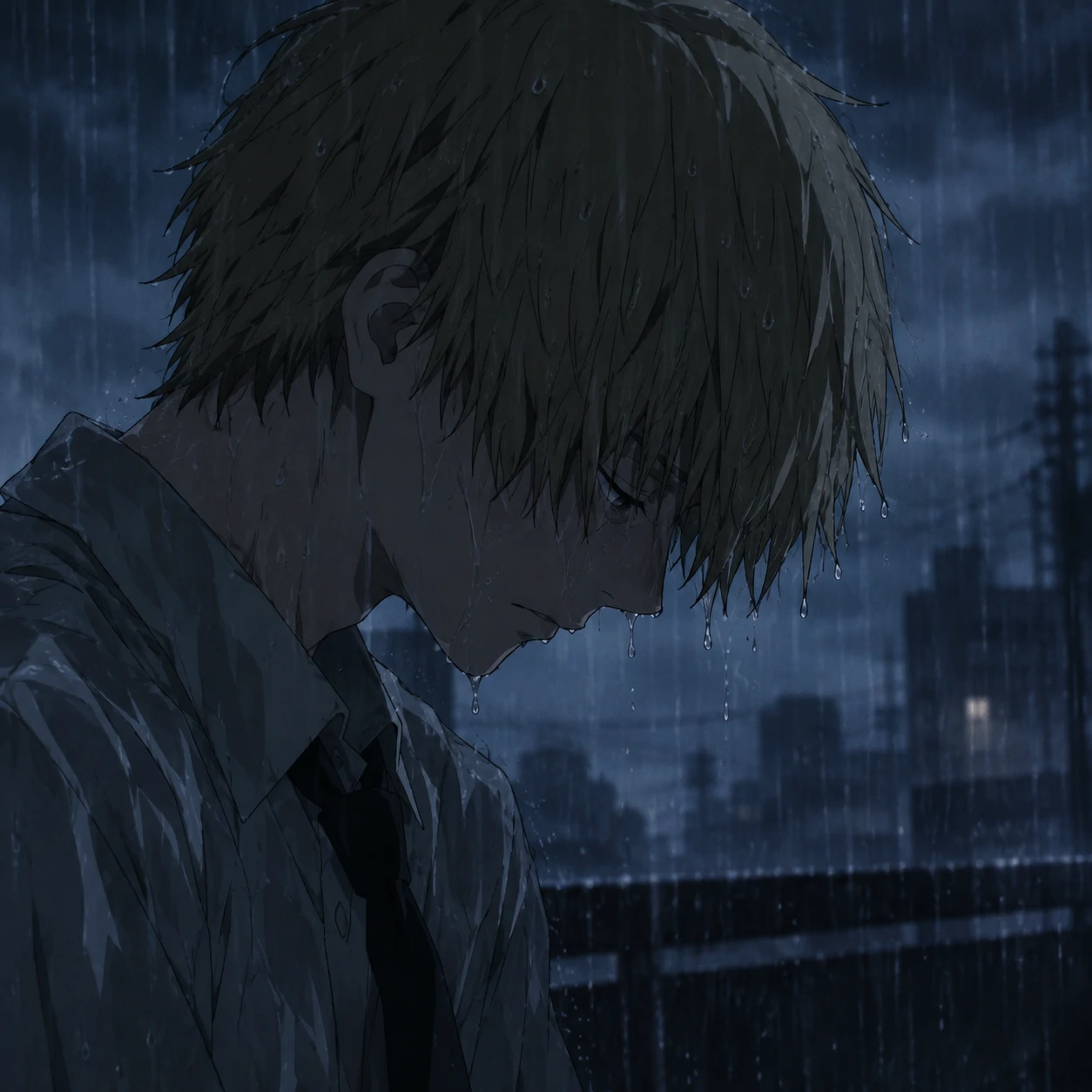 Sad Denji PFP standing in the rain with downcast eyes, moody anime scene