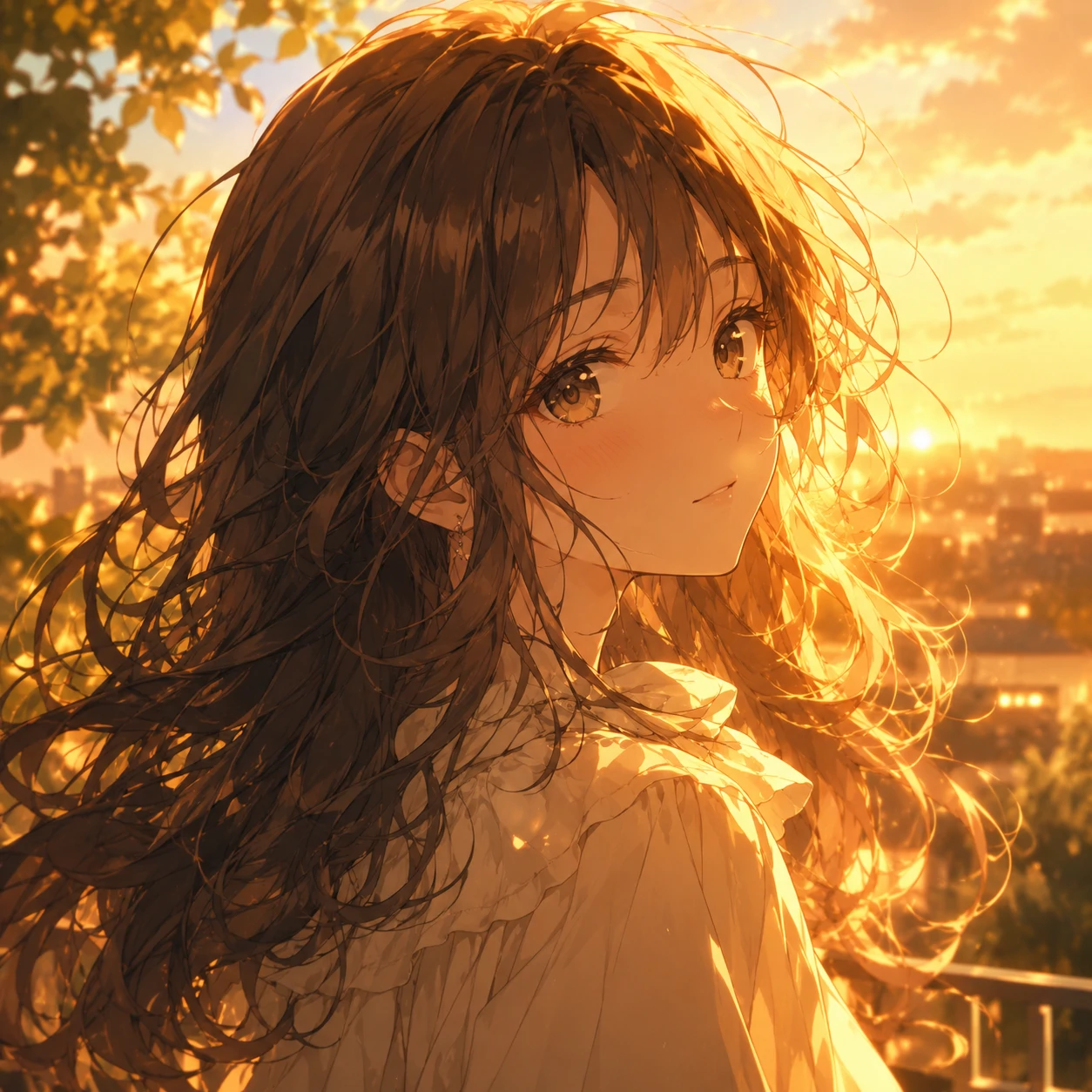 Soft aesthetic anime girl pfp bathed in golden hour lighting