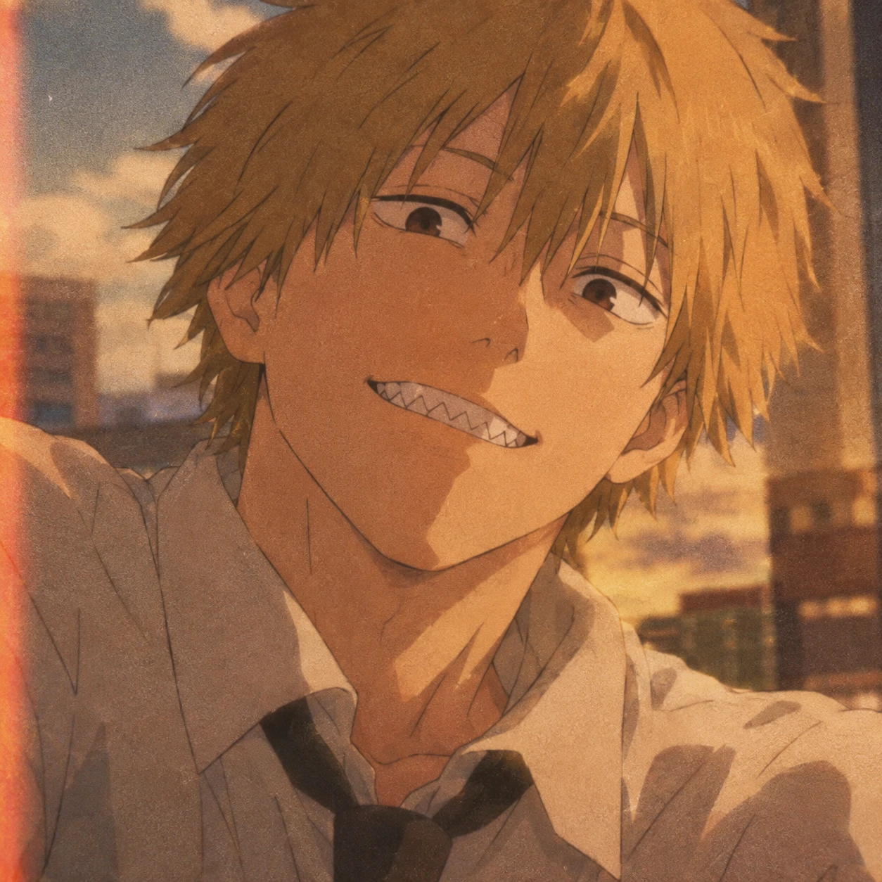 Soft aesthetic anime icon of Denji smiling with warm filter and grain effect