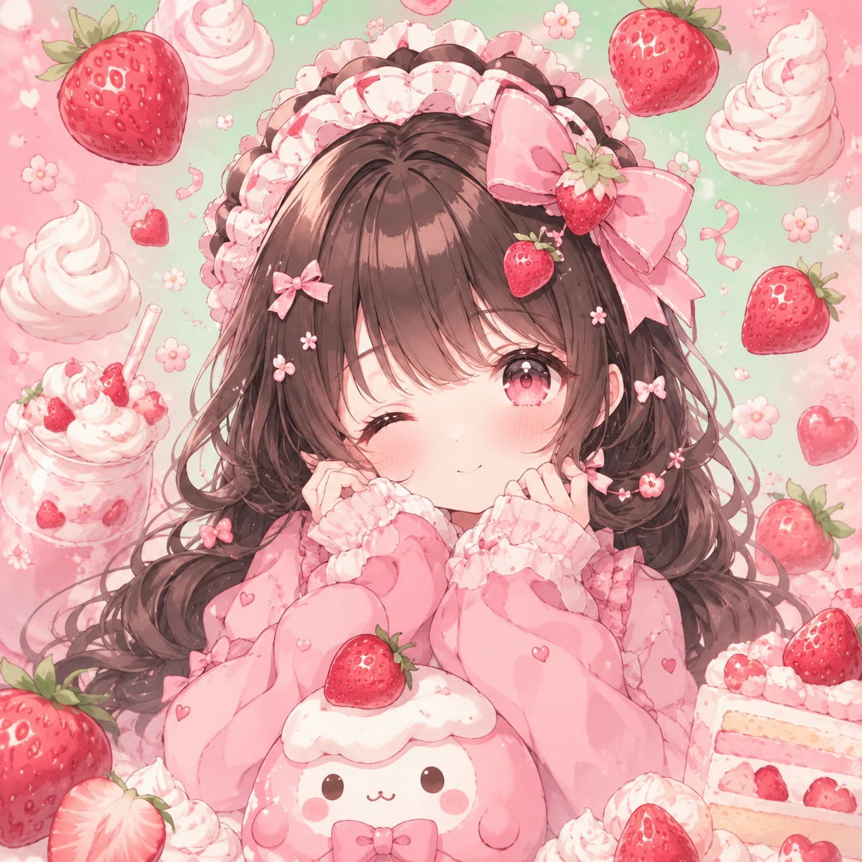 Soft kawaii anime girl avatar surrounded by strawberries and cream