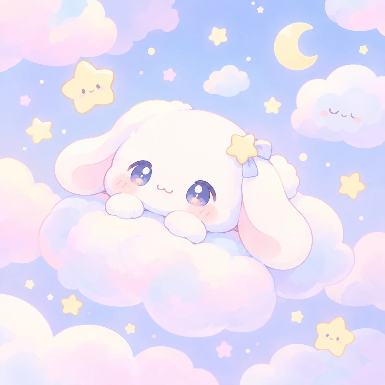 Soft kawaii PFP with a cute character floating on pastel clouds and stars