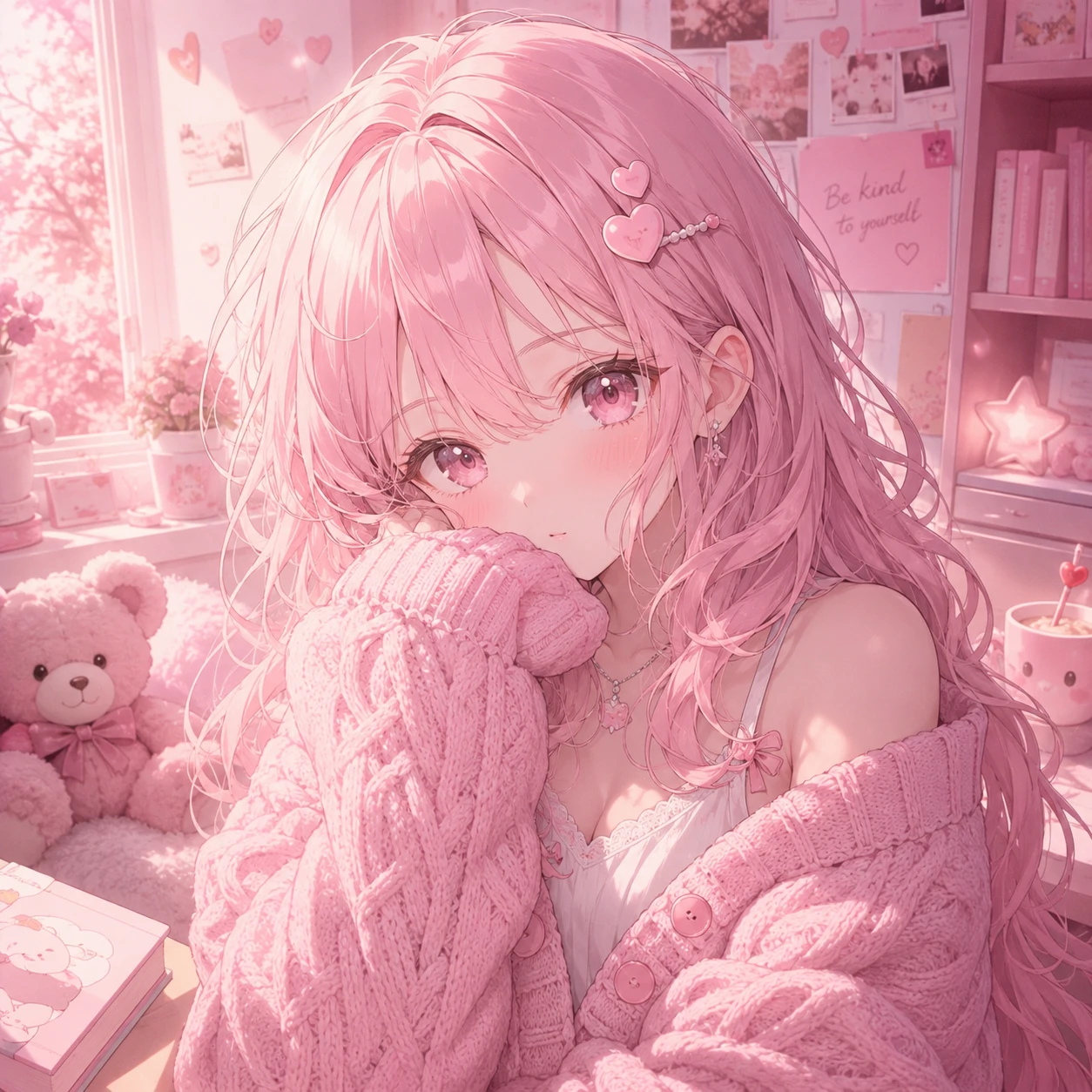 Soft pink anime girl pfp wearing a knitted pastel cardigan and hair clips