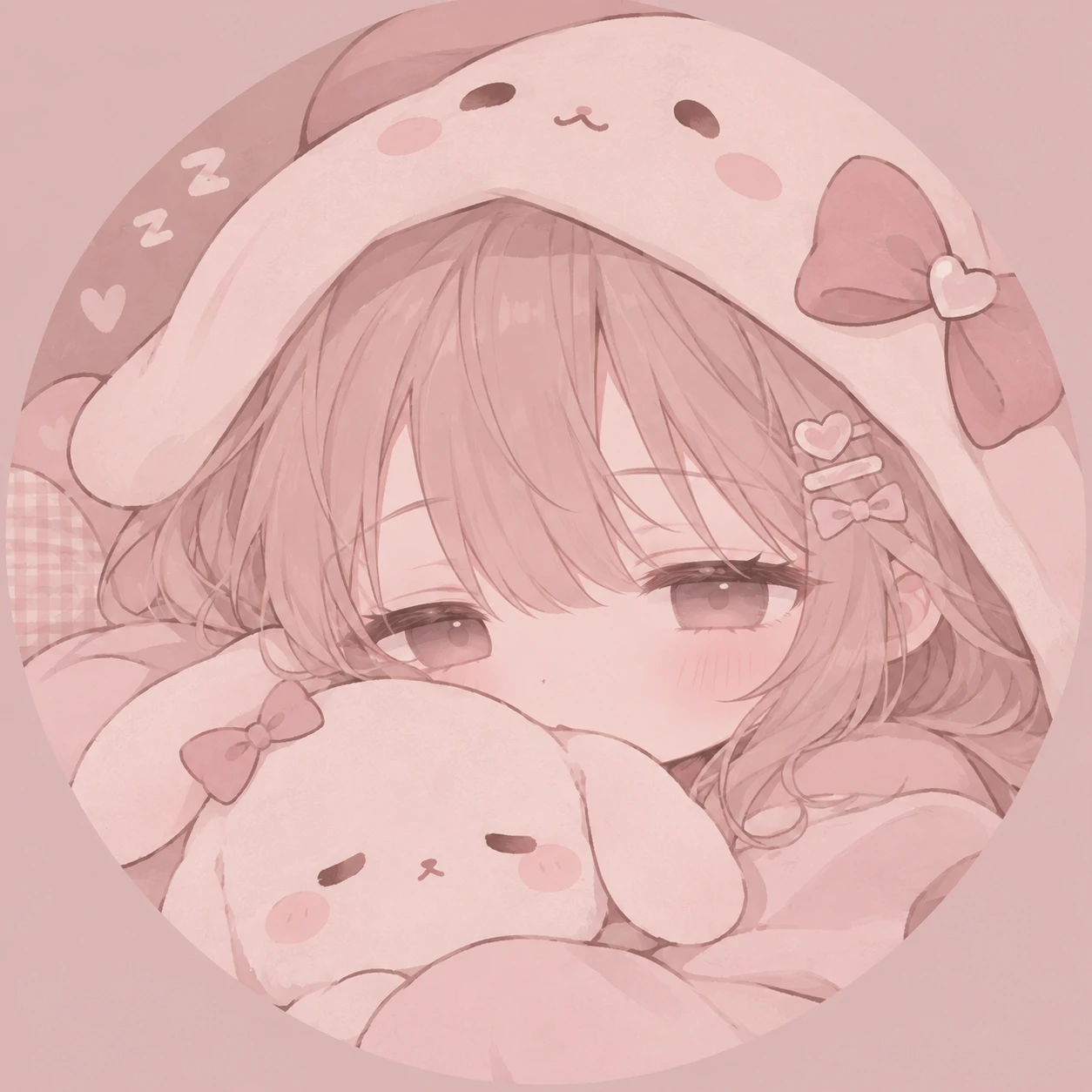 Soft pink kawaii PFP in muted blush tones with a gentle sleepy character