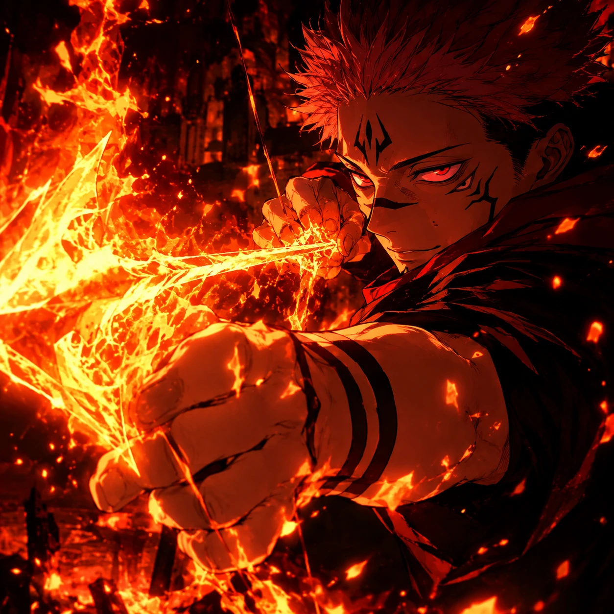 Sukuna 4K PFP holding his fire arrow technique with glowing embers