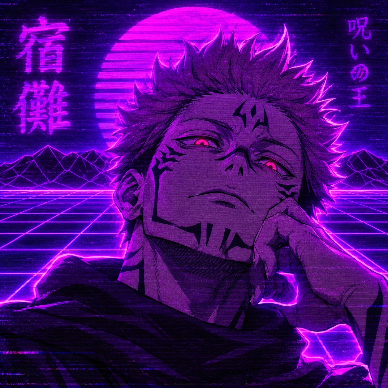 Vaporwave style Sukuna PFP with neon purple and retro grid background