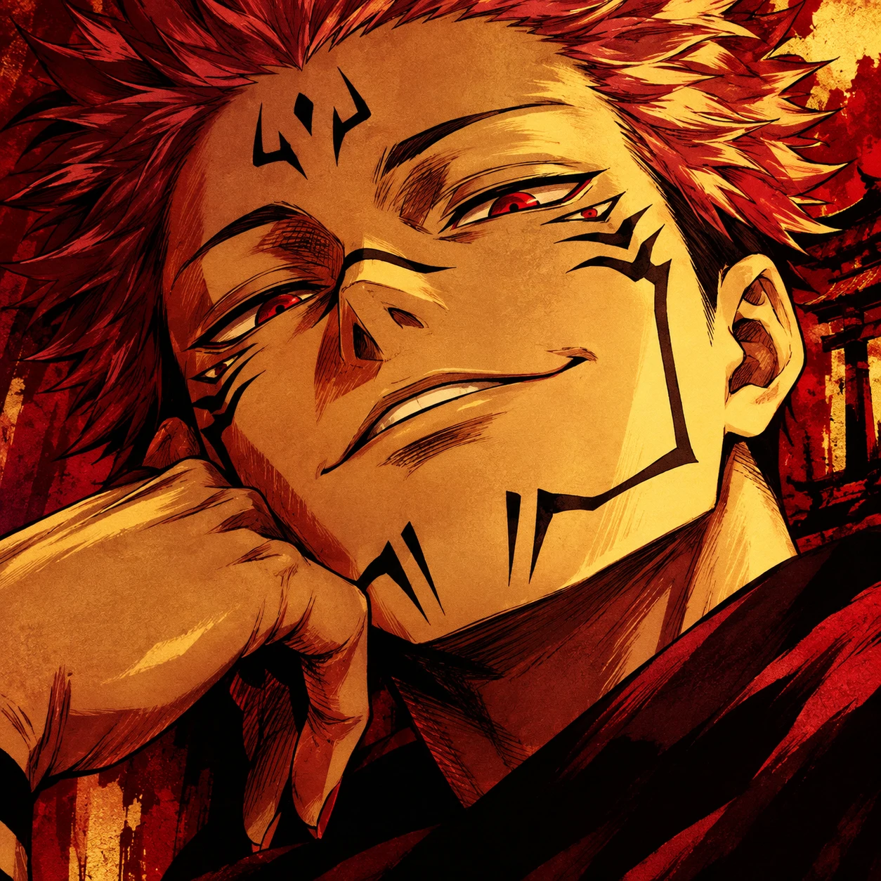 Sukuna colored manga icon smirking with gold and red tones