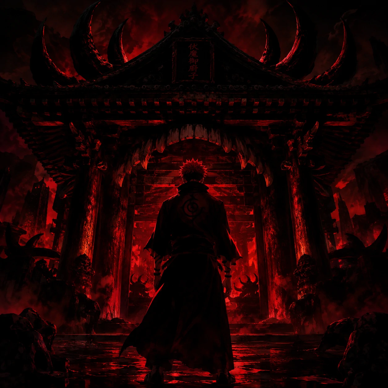 Sukuna dark PFP standing before Malevolent Shrine gate in darkness