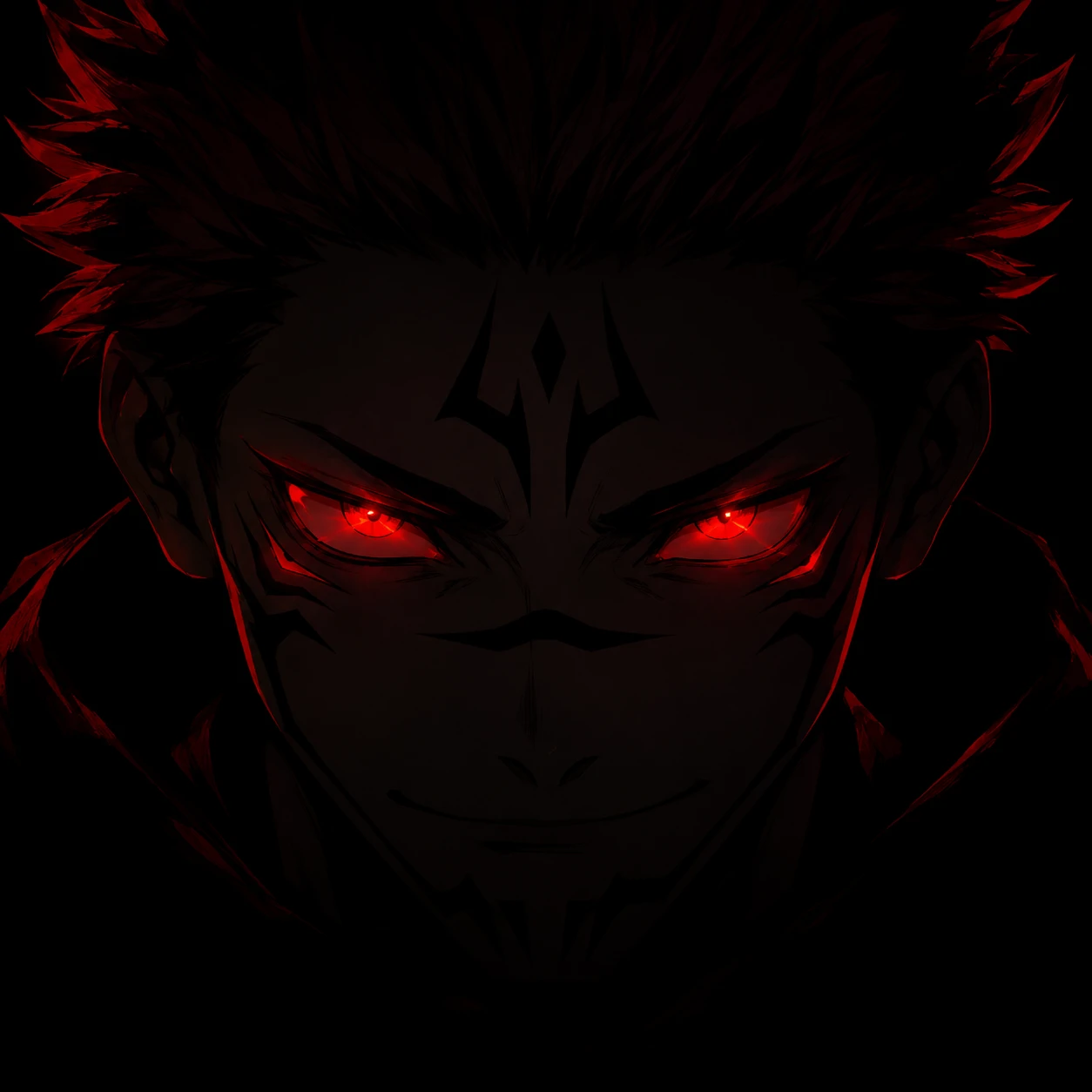 Dark HD Sukuna Discord PFP with glowing red eyes and black background