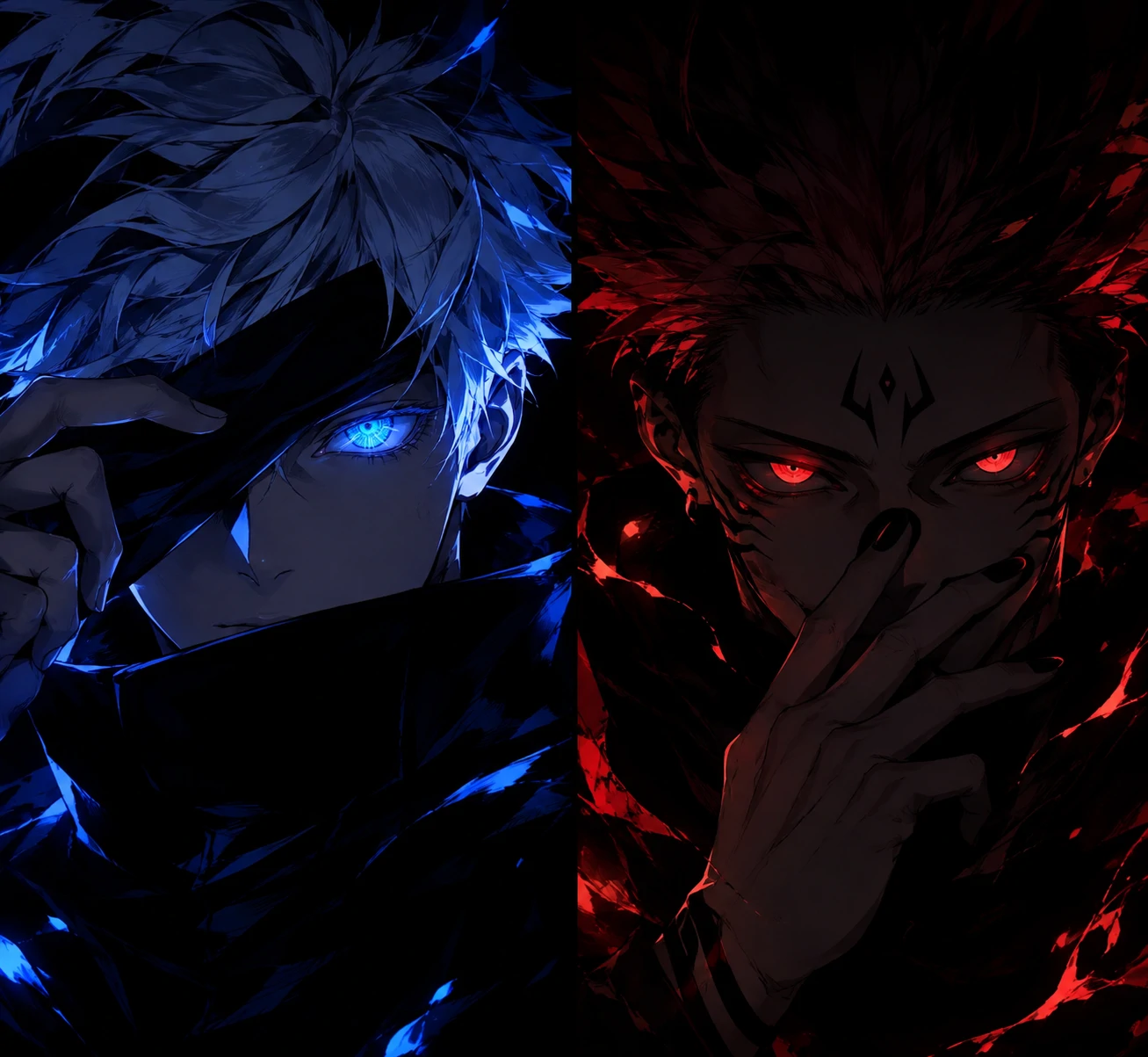Dark themed Sukuna and Gojo matching icons with glowing eyes