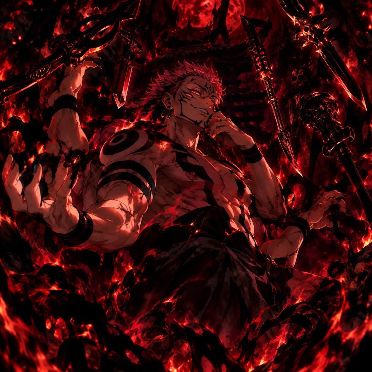 Heian form Sukuna icon surrounded by dark flames and floating weapons