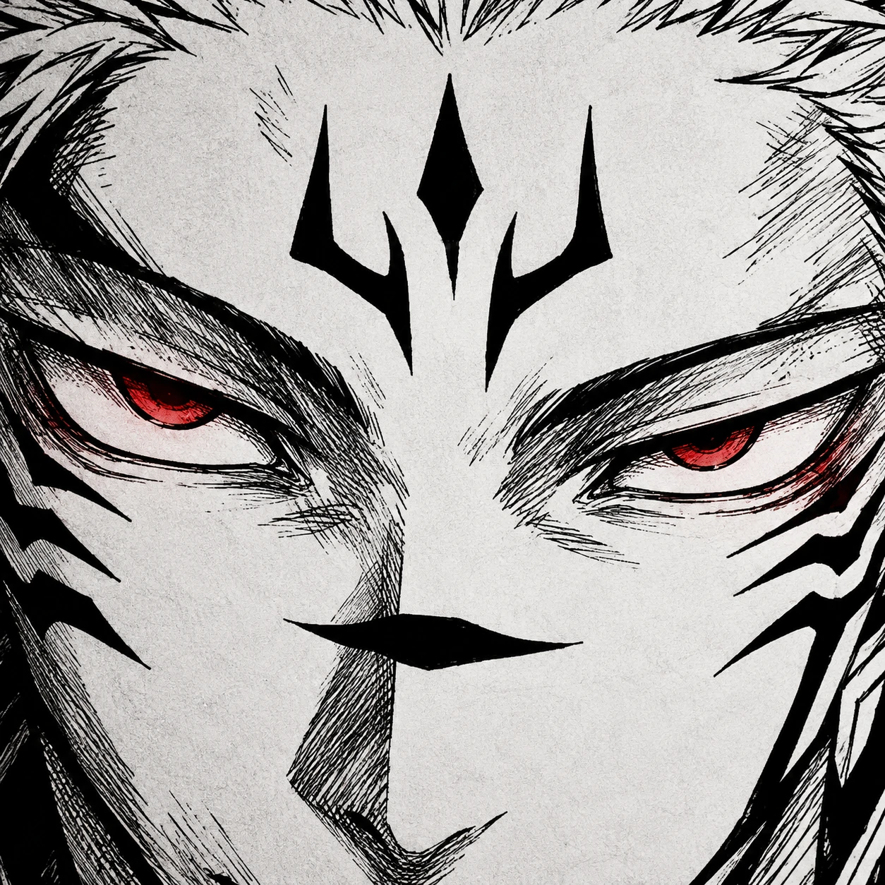 Close-up Sukuna manga icon focusing on his sharp eyes and face markings