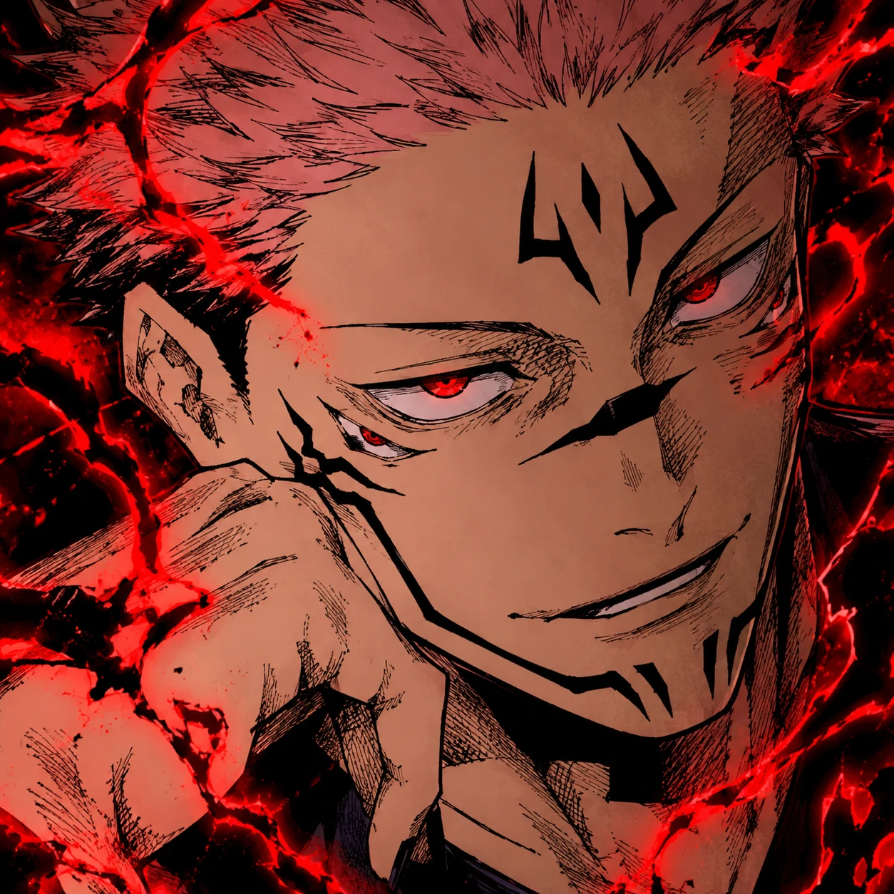 Colored Sukuna manga PFP from Jujutsu Kaisen panel with red cursed energy