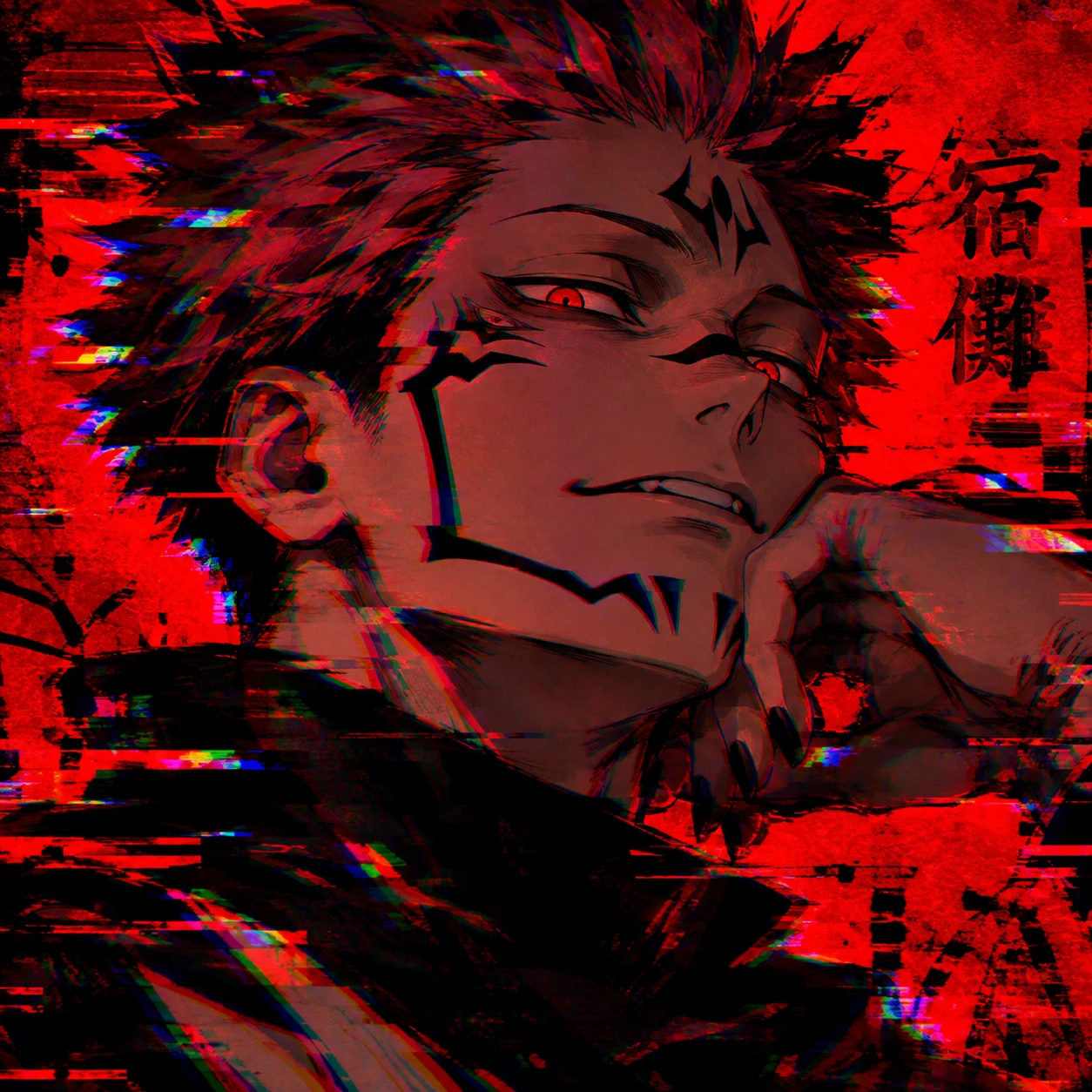 Aesthetic Sukuna PFP with chromatic aberration glitch effect on red background
