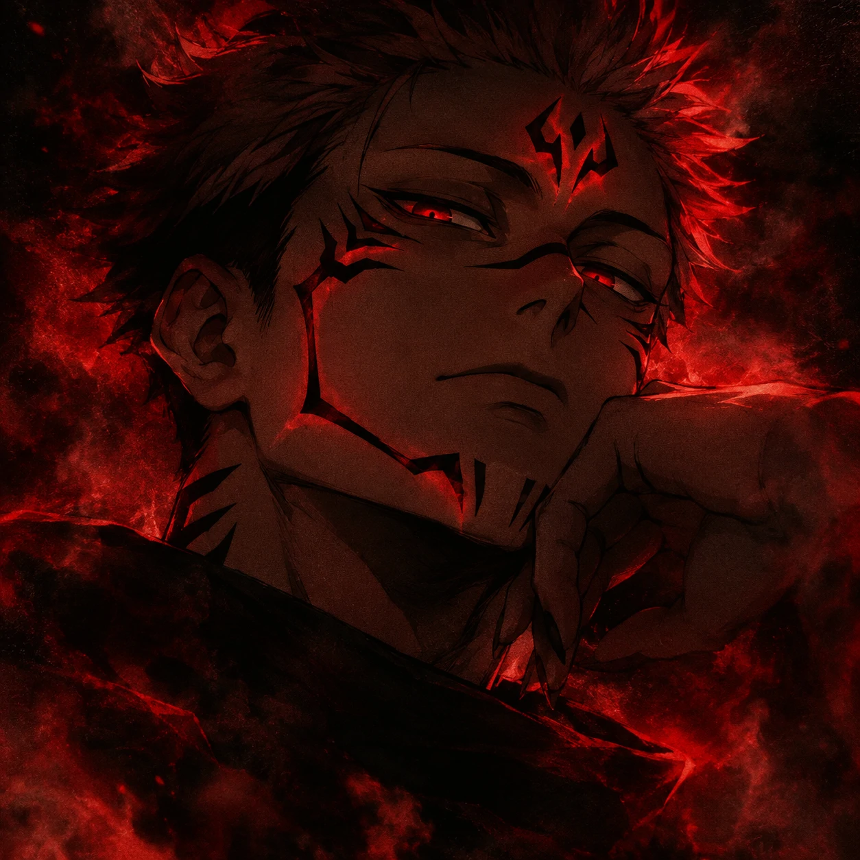 Aesthetic Sukuna PFP with soft red glow and cursed markings on dark background