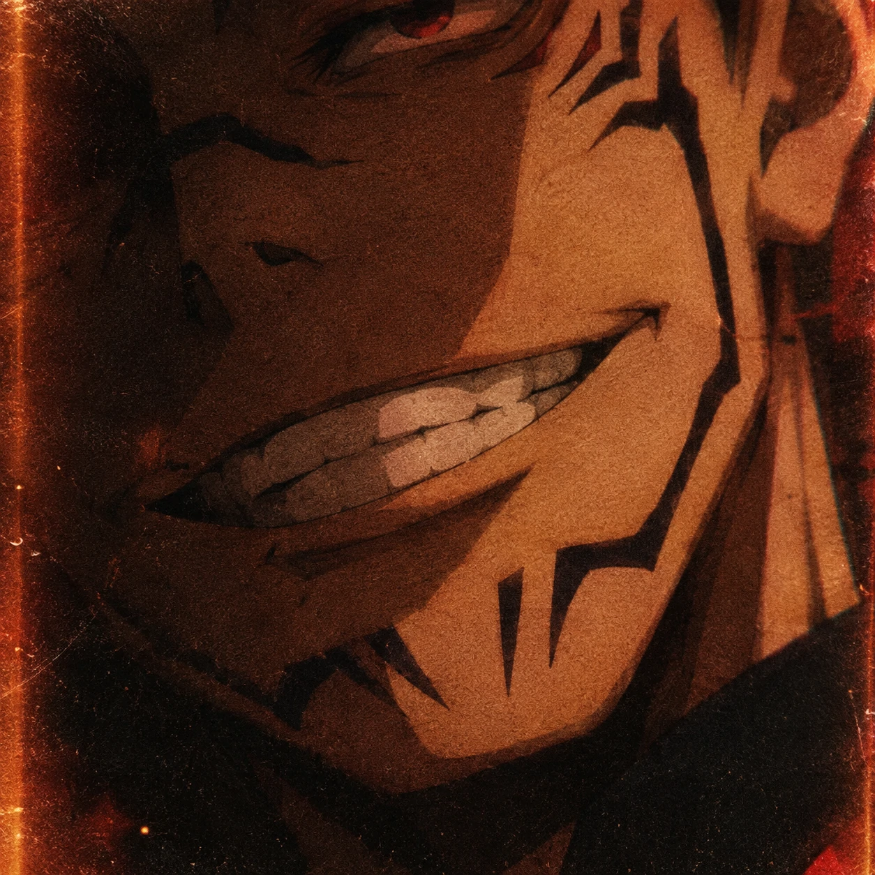 Aesthetic Sukuna PFP showing his sinister smile with vintage film grain effect