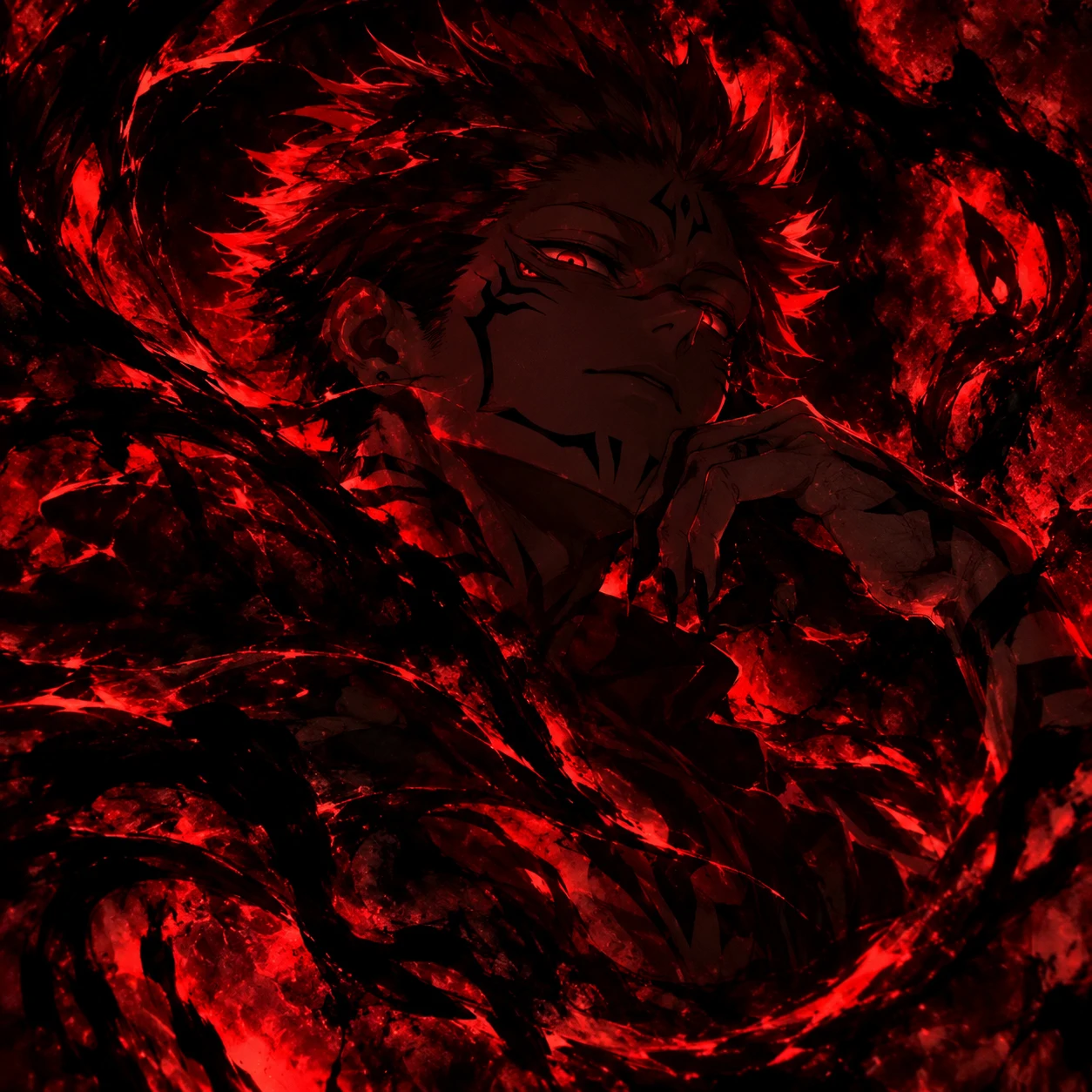 Dark Sukuna profile picture surrounded by black and red cursed aura