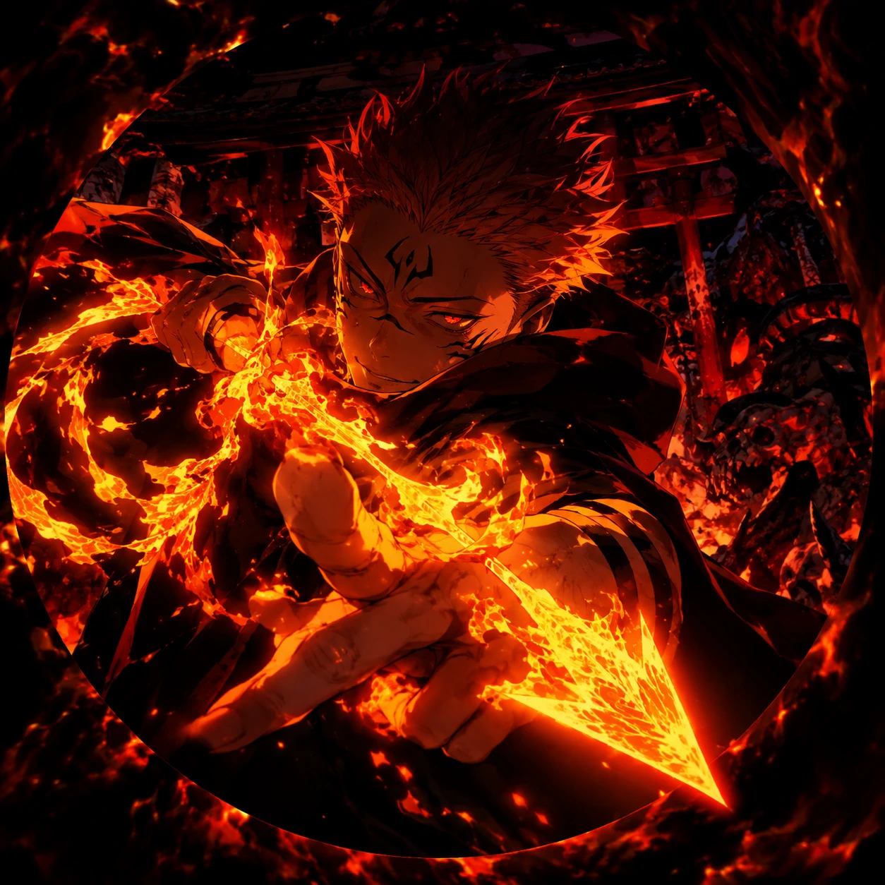 Sukuna PFP with his flame arrow technique glowing orange against dark domain