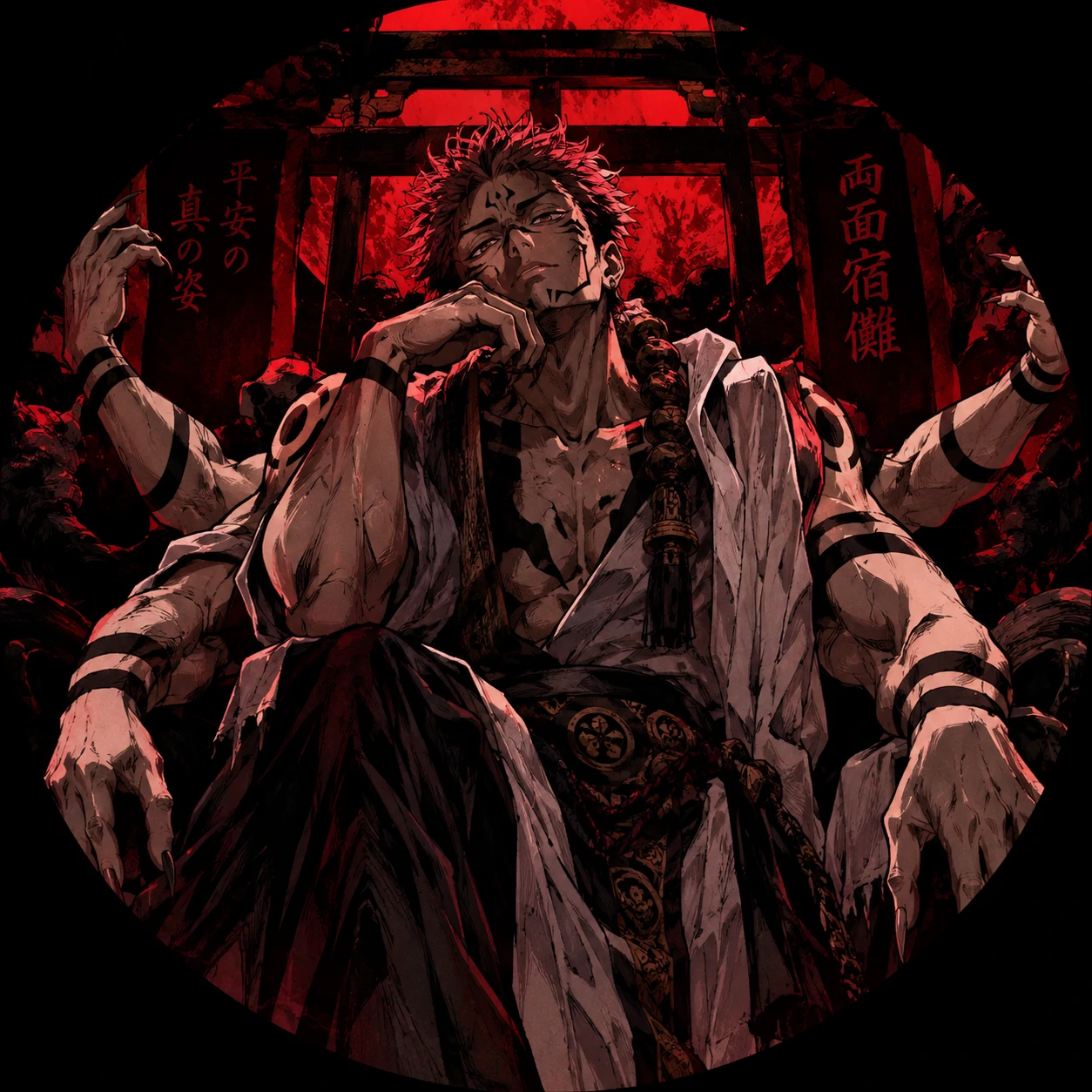 Sukuna PFP in his Heian-era true form with four arms and traditional details