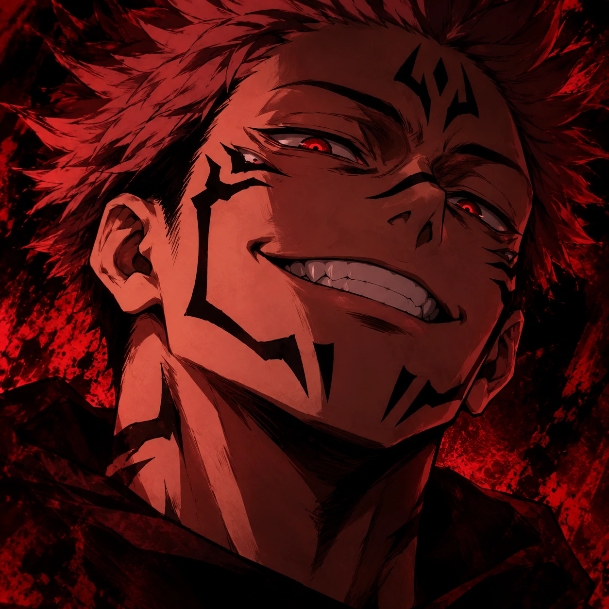 Sukuna PFP of Ryomen Sukuna grinning with his curse tattoos clearly visible