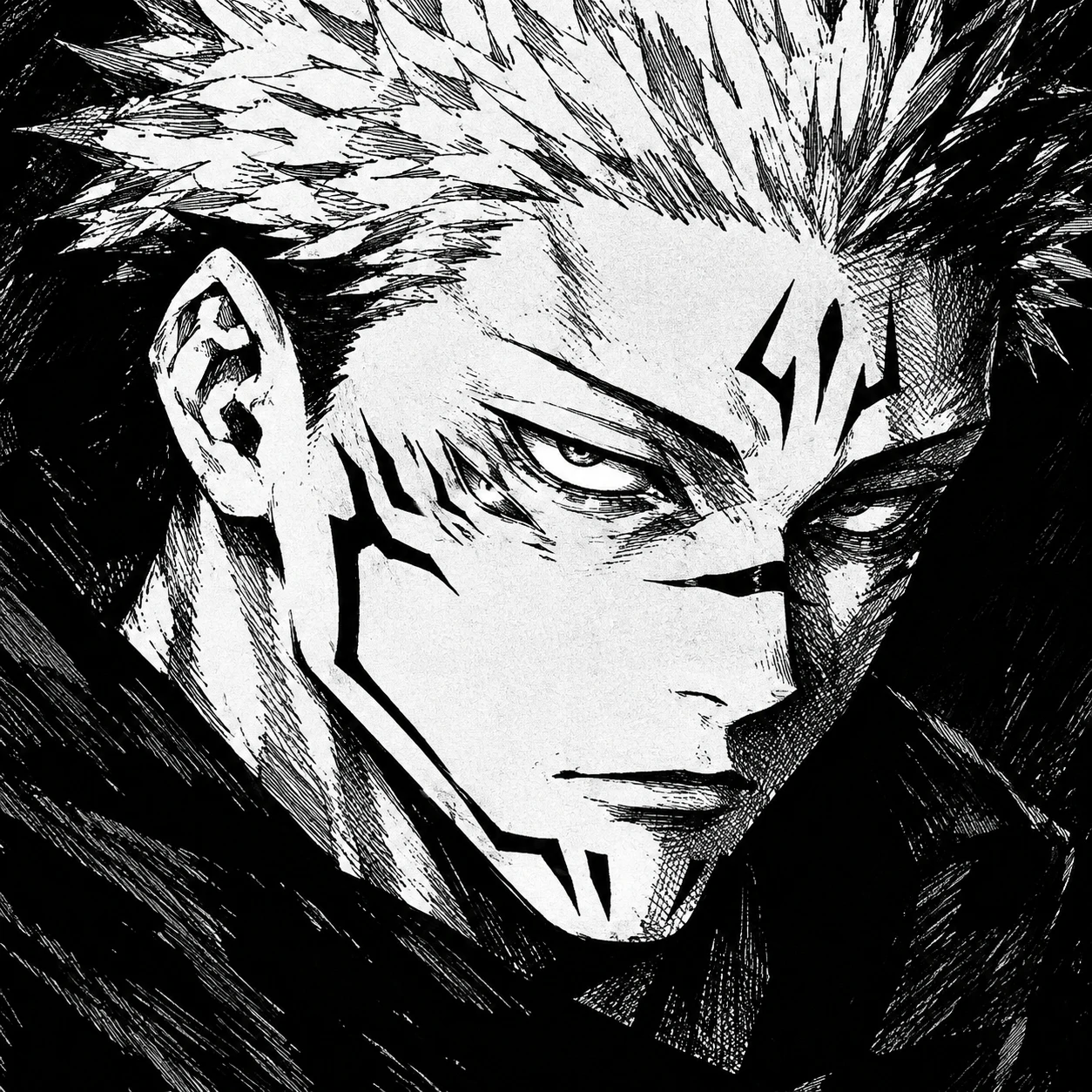 Black and white Sukuna manga profile picture with heavy ink shading