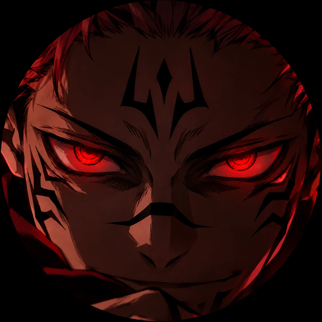 Close-up Sukuna PFP highlighting his glowing red eyes and curse markings