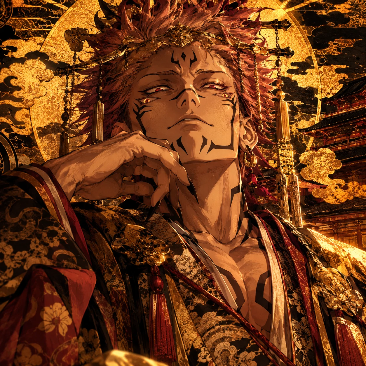 Sukuna true form PFP in golden Heian era color palette with ornate details