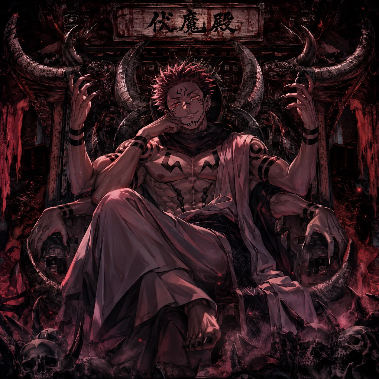 Sukuna true form PFP seated on shrine throne like a deity