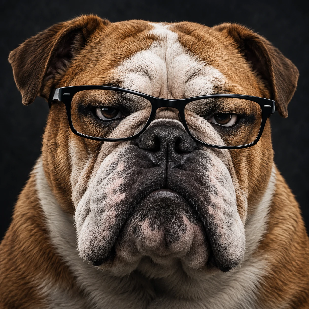 Tuff dog PFP of a bulldog wearing glasses and a serious expression