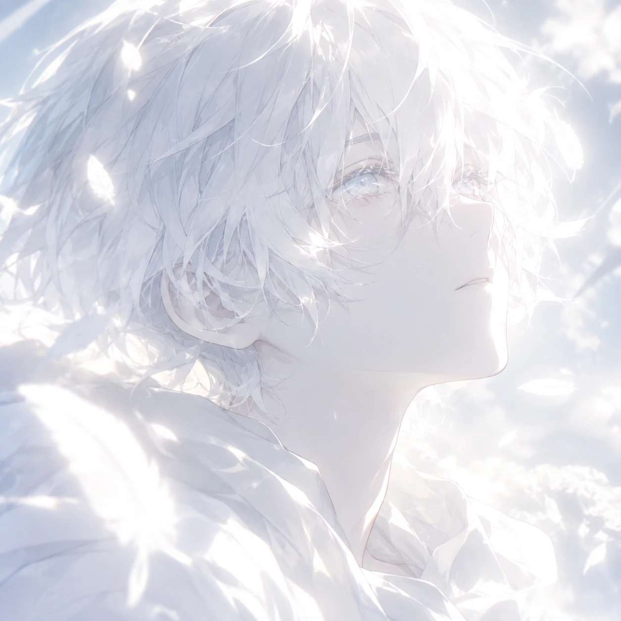 White anime PFP with a glowing pale scene and a character bathed in soft light