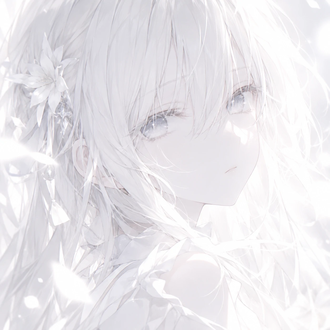 White anime PFP of a pale-haired girl with soft glow lighting and calm expression