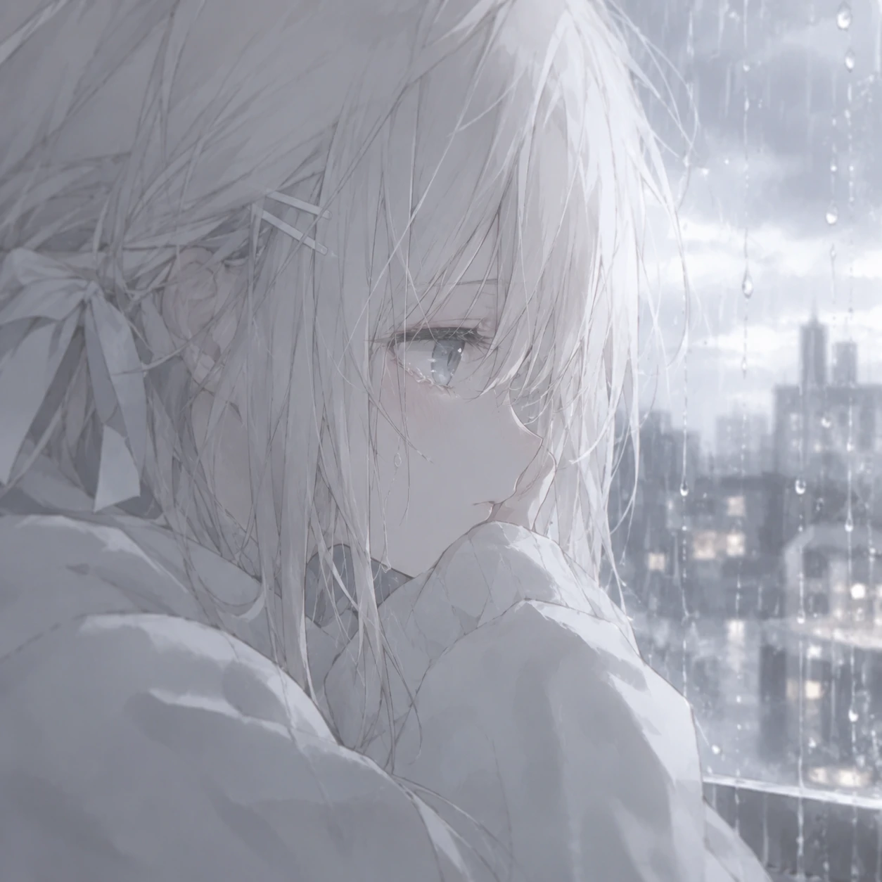White anime PFP with a sad, rainy mood and a character in soft pale tones