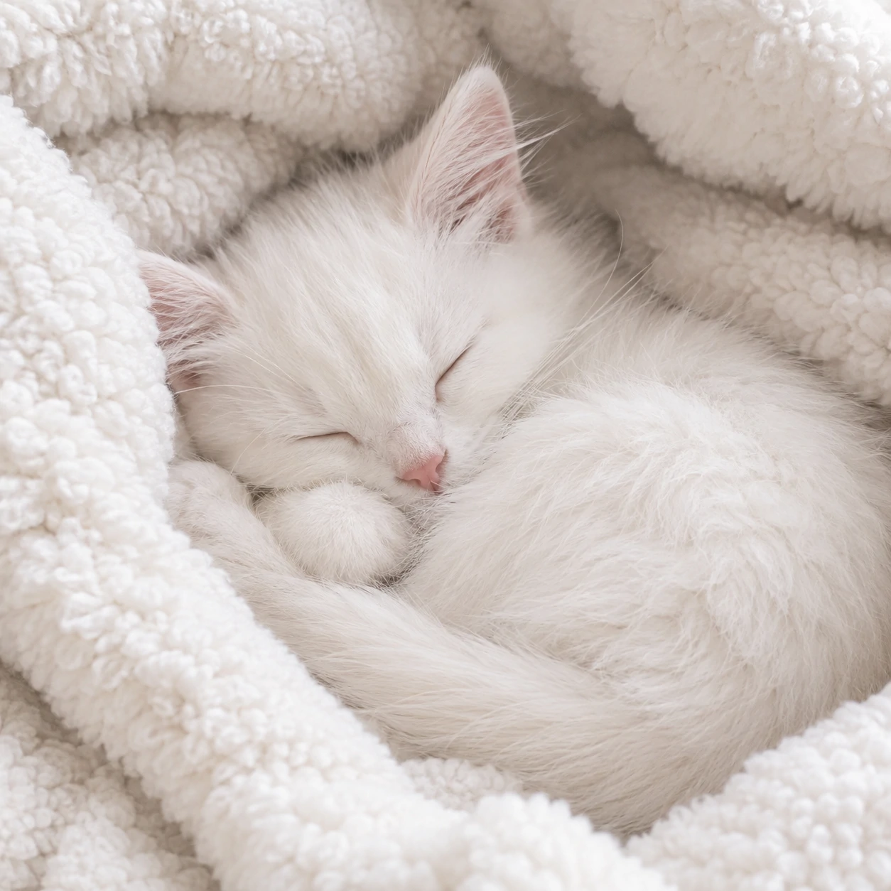 White cat PFP of a sleeping kitten curled up in soft cosy blankets