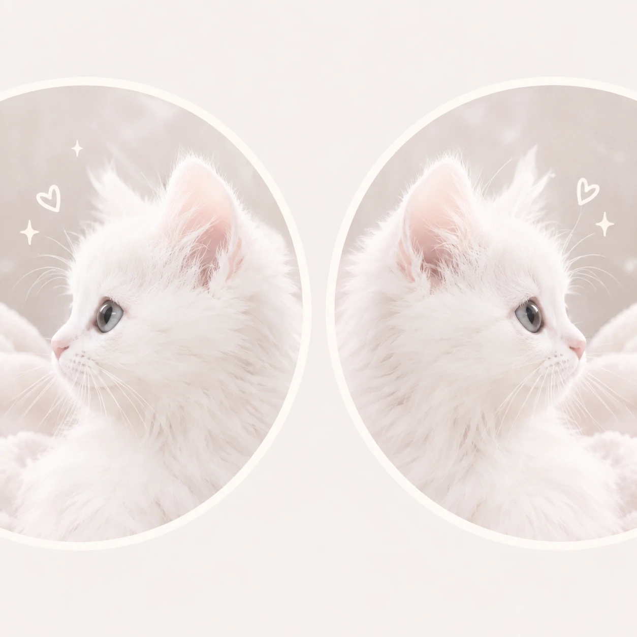 Matching white cat PFP duo with two mirrored kittens in soft pale tones