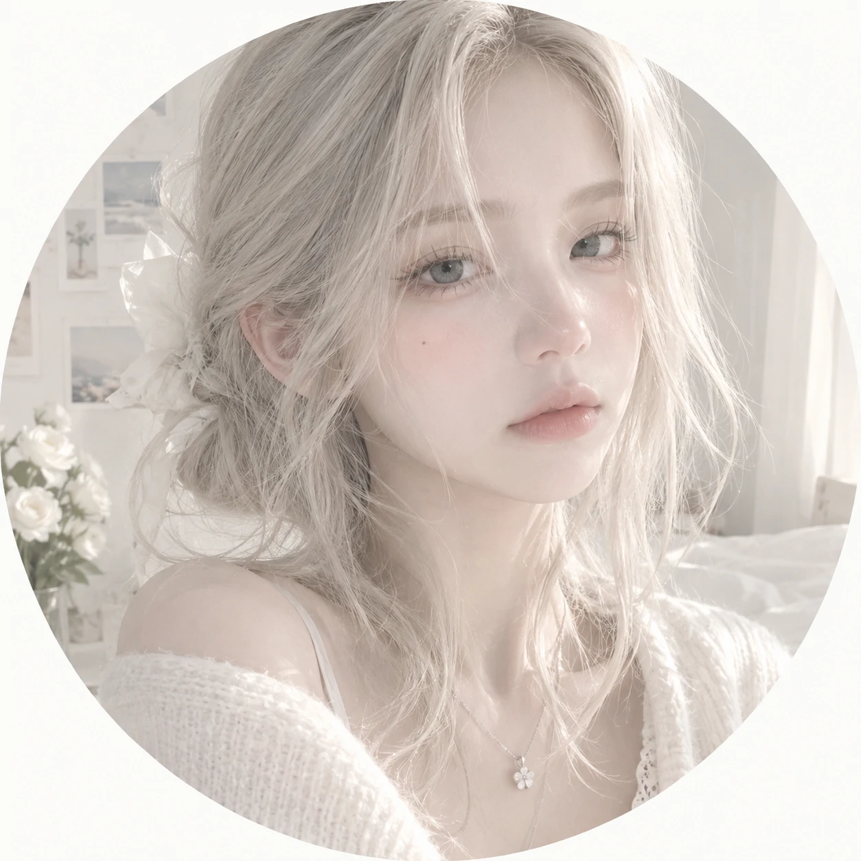 White aesthetic PFP girl with pale tones, soft hair, and a neutral expression