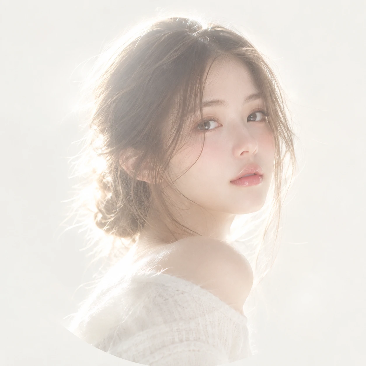 White PFP aesthetic portrait with soft glow lighting and a pale minimal background