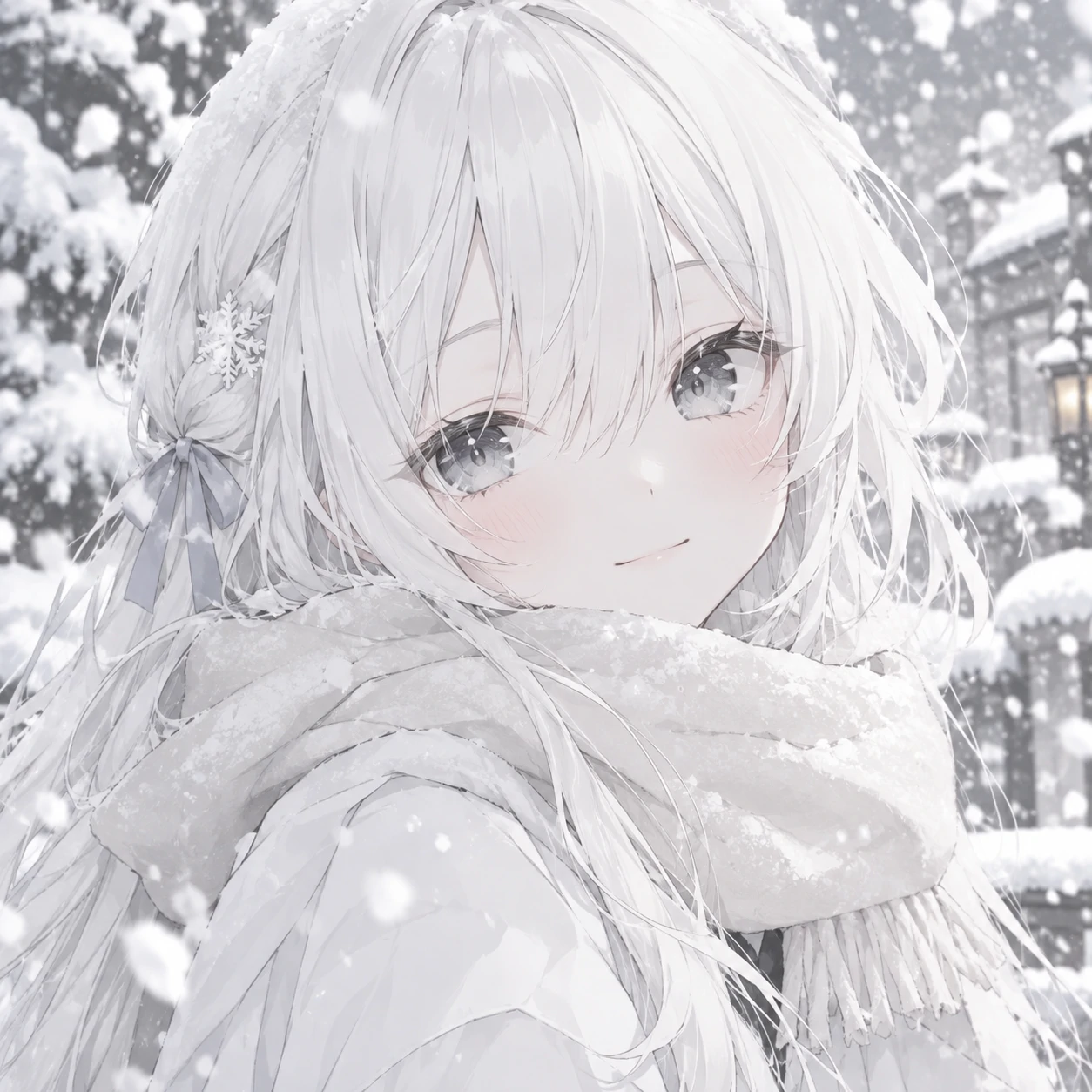 White PFP anime girl in a snow scene wearing a pale scarf and gentle smile