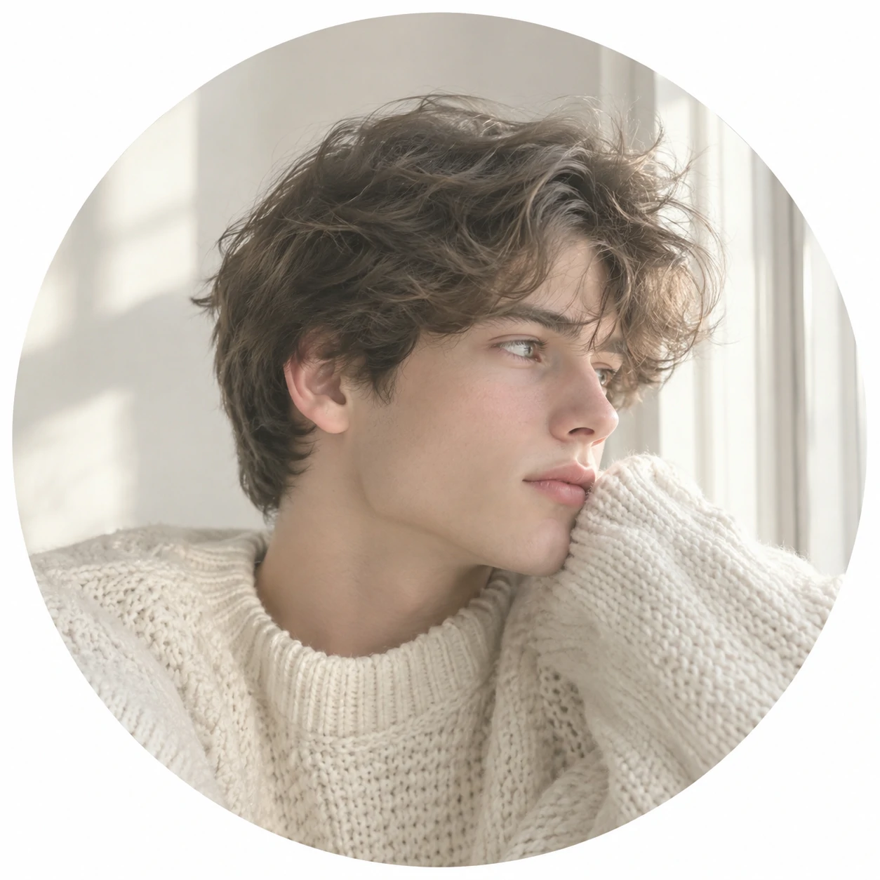 White PFP boy in a cream knit sweater photographed in soft window light