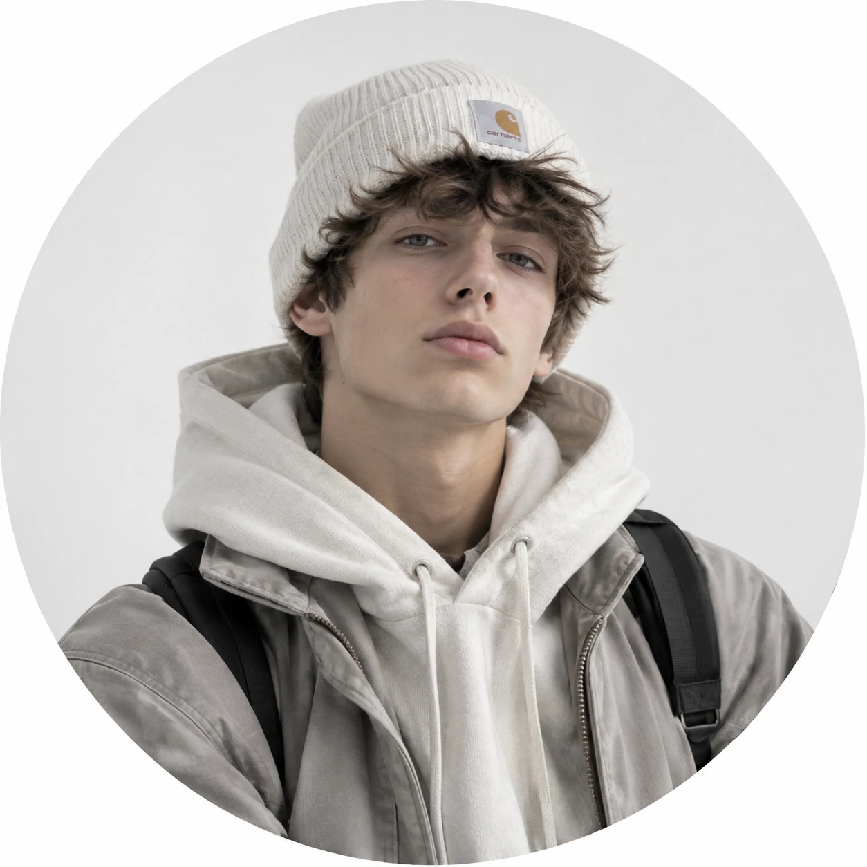 White PFP boy in muted streetwear with a neutral expression and soft studio light