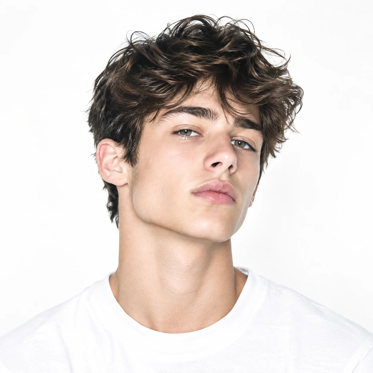 Editorial white PFP for boys with high-key lighting and a clean pale backdrop