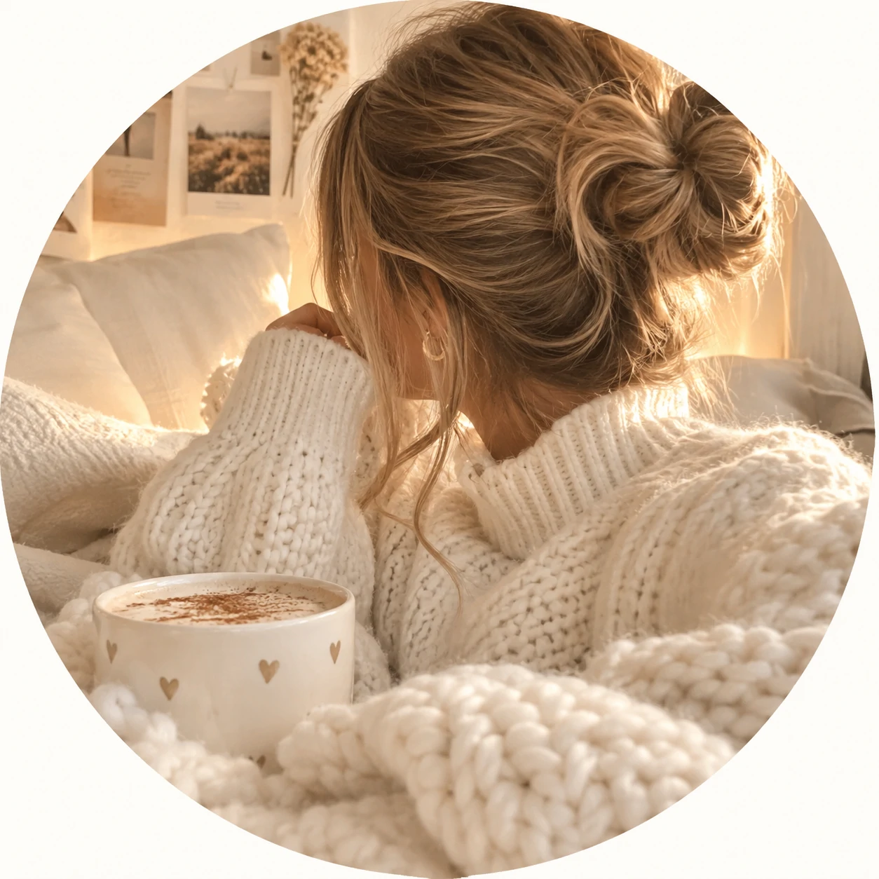 Cozy white PFP for girls with chunky knit textures and warm cream lighting