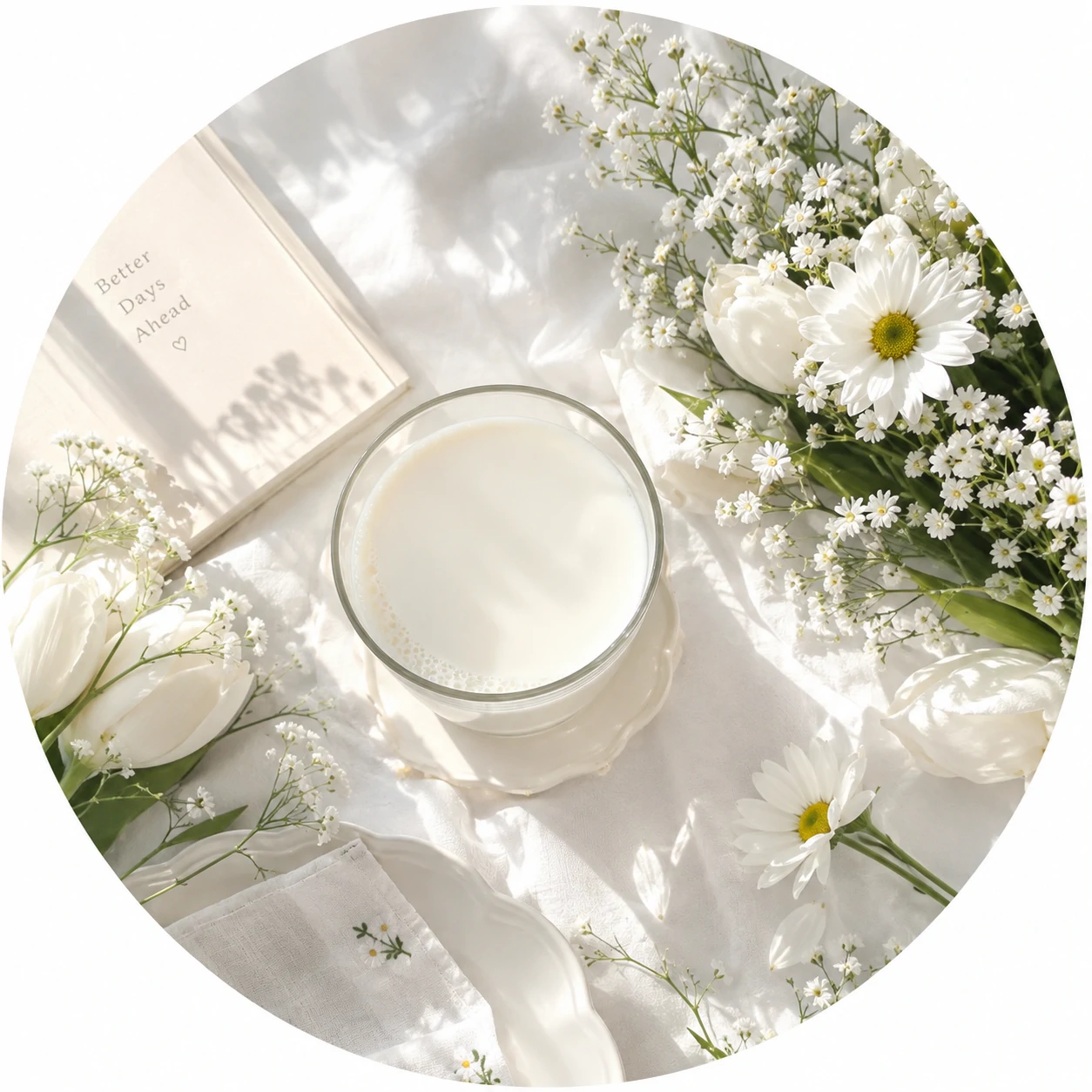 White PFP for girls with a milk and flowers flat-lay in soft morning light