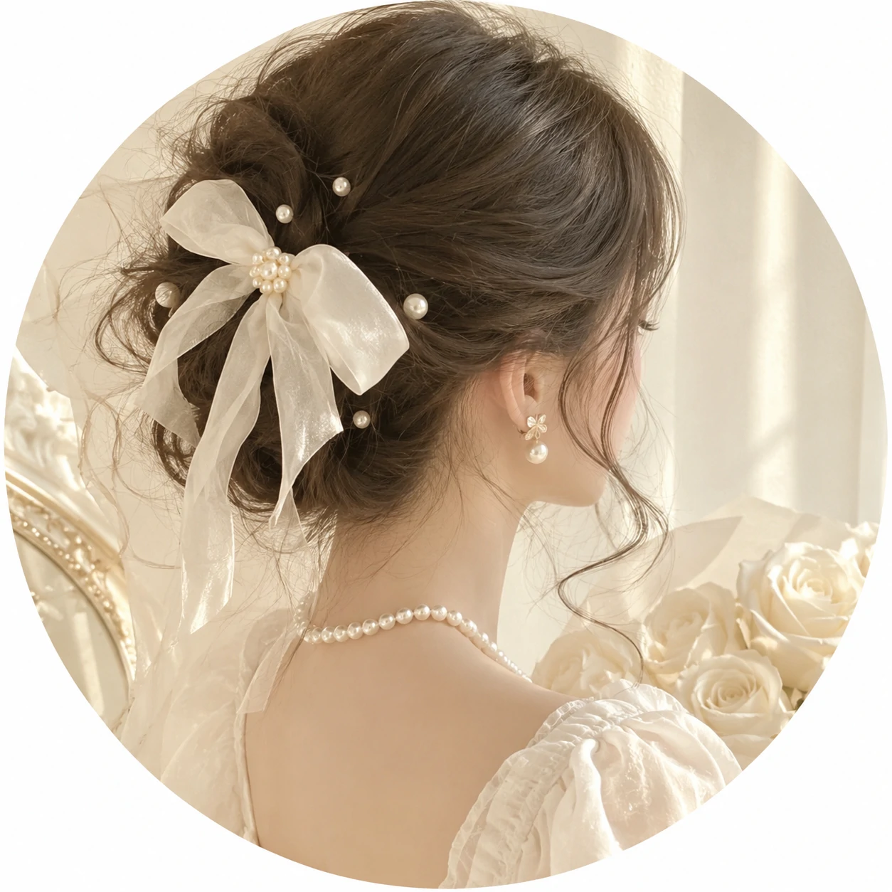 White PFP for girls with pearl details, cream tones, and a delicate aesthetic mood