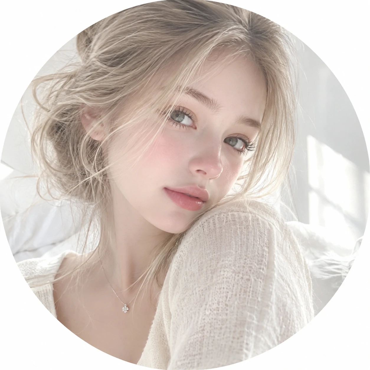 White PFP for girls featuring a soft portrait with natural light and pale tones