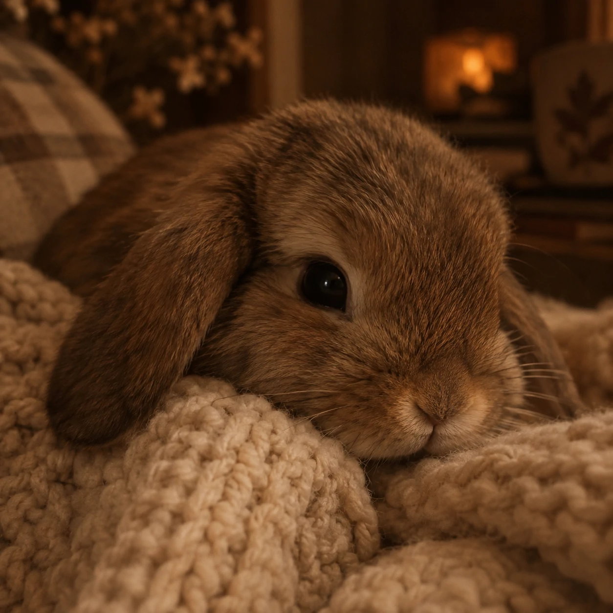 Cozy brown aesthetic bunny pfp with a rabbit resting on knit fabric