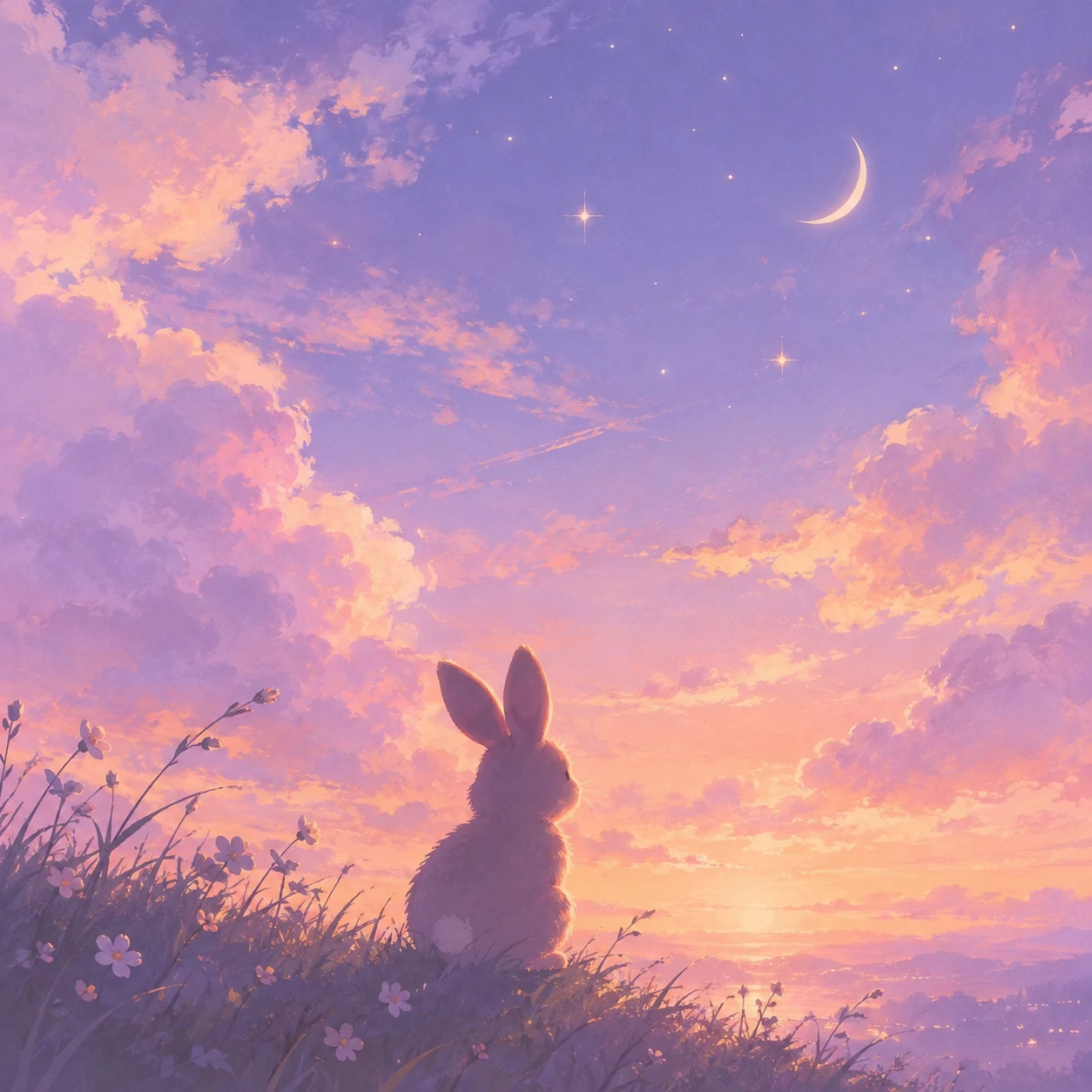 Dreamy aesthetic bunny pfp with a rabbit silhouette against a pastel sky