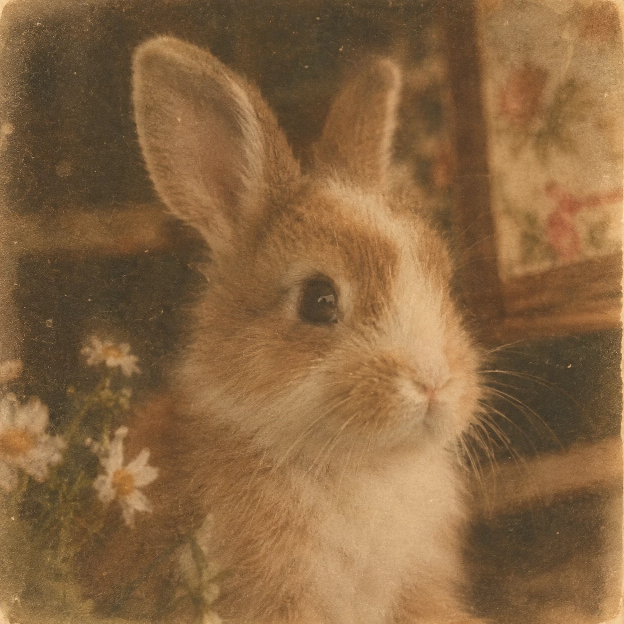 Vintage aesthetic bunny pfp with film grain overlay and faded warm colors