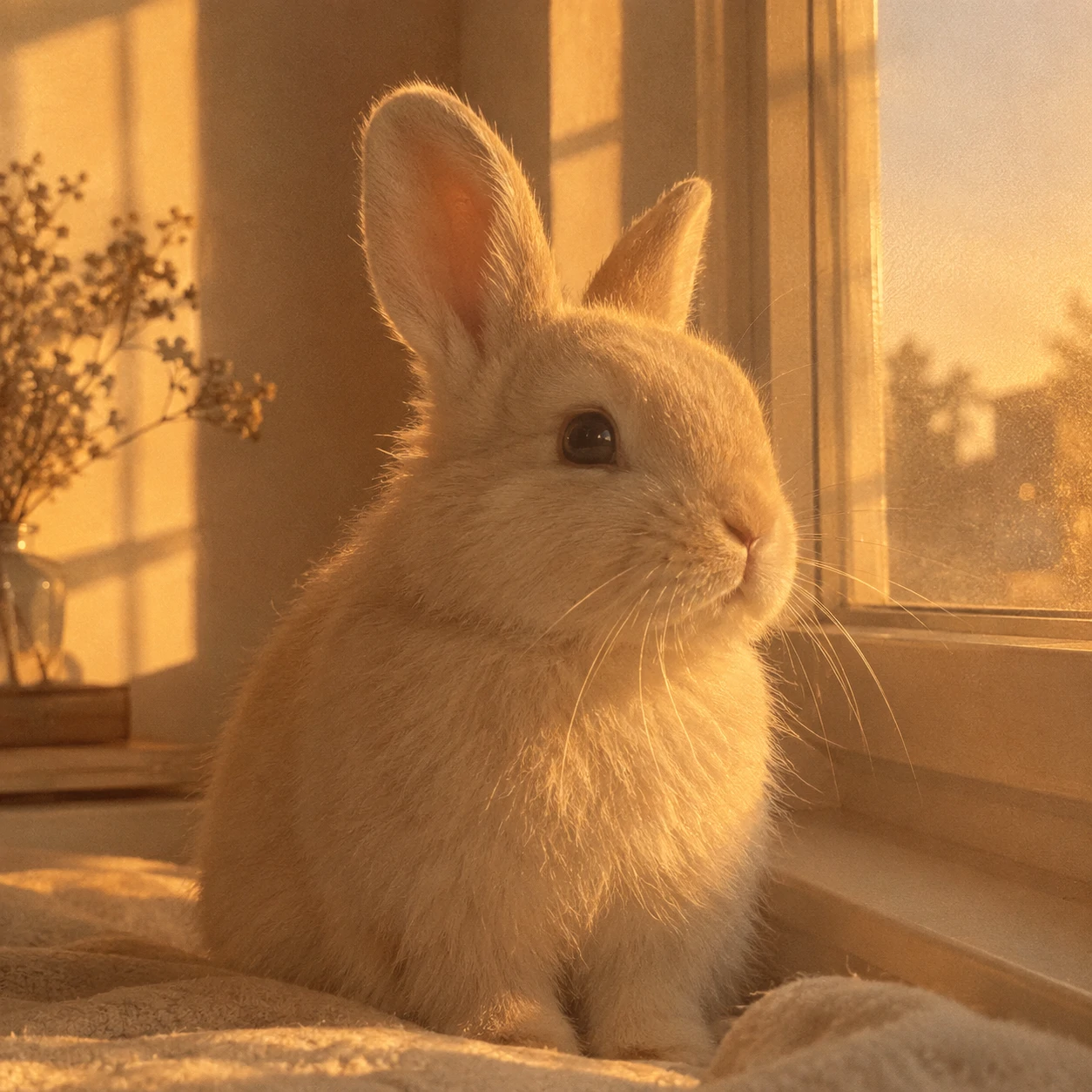 Aesthetic bunny pfp of a cream rabbit sitting in warm golden hour window light