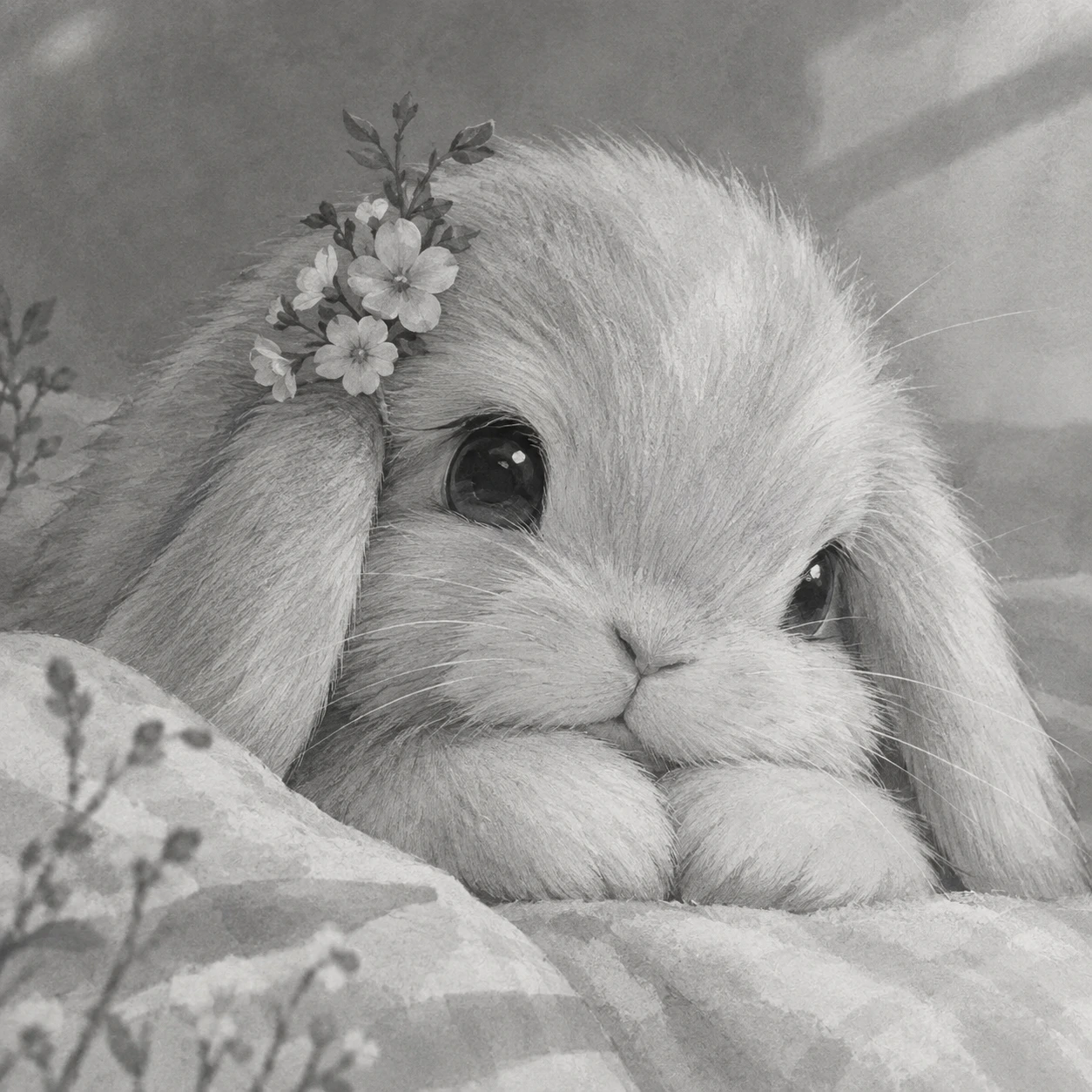 Soft monochrome aesthetic bunny pfp in grayscale with gentle shading