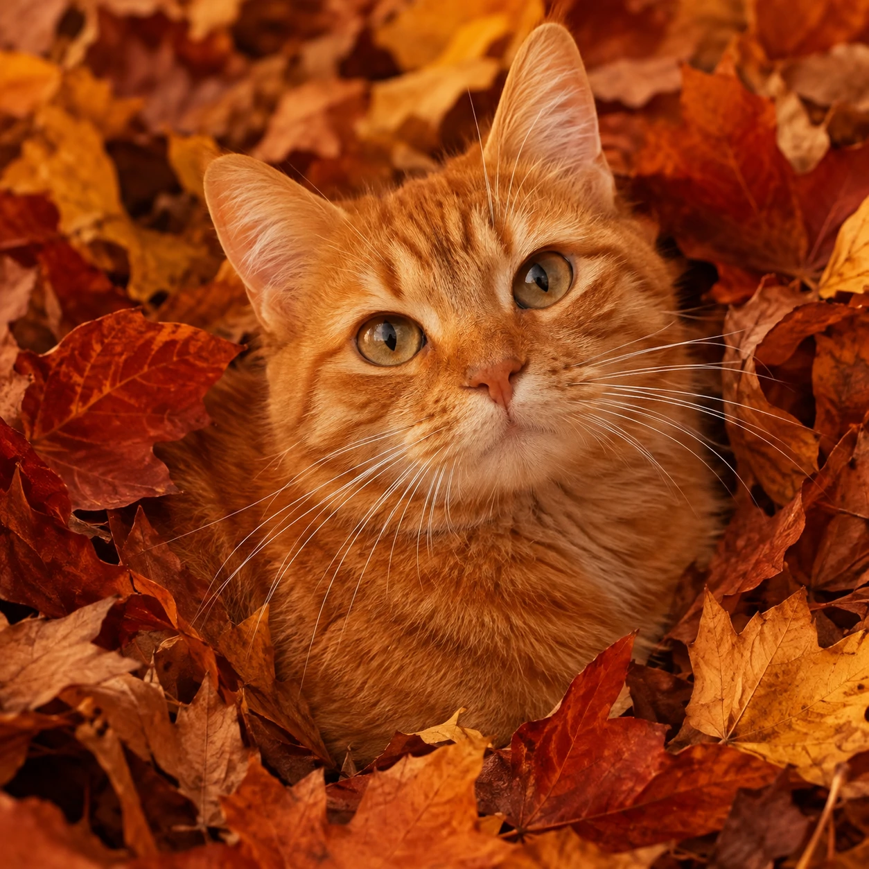 Aesthetic cat PFP of an orange cat sitting among scattered autumn leaves
