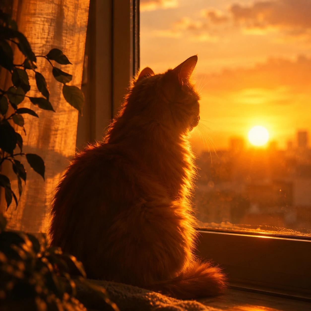Aesthetic cat PFP of a cat silhouetted in warm golden hour window light